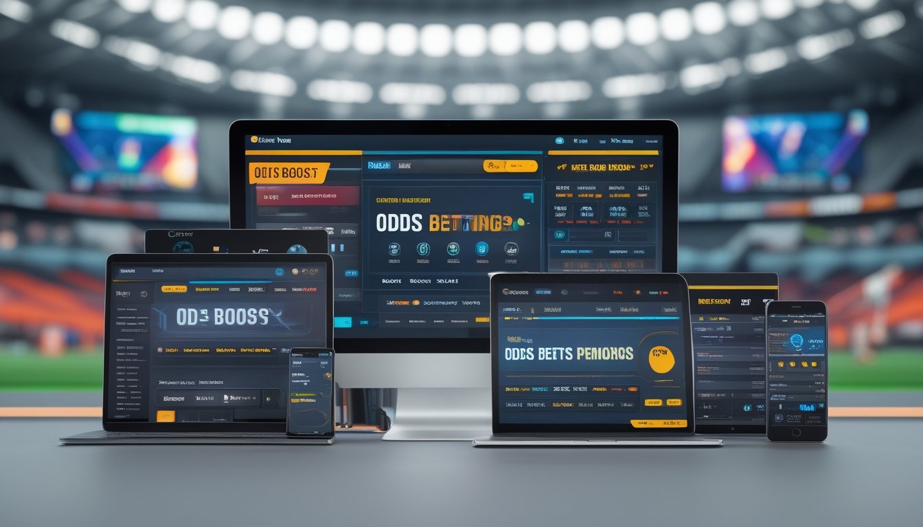 Beberapa perangkat digital menampilkan platform taruhan olahraga dengan promosi odds boost, latar belakang stadion olahraga modern.