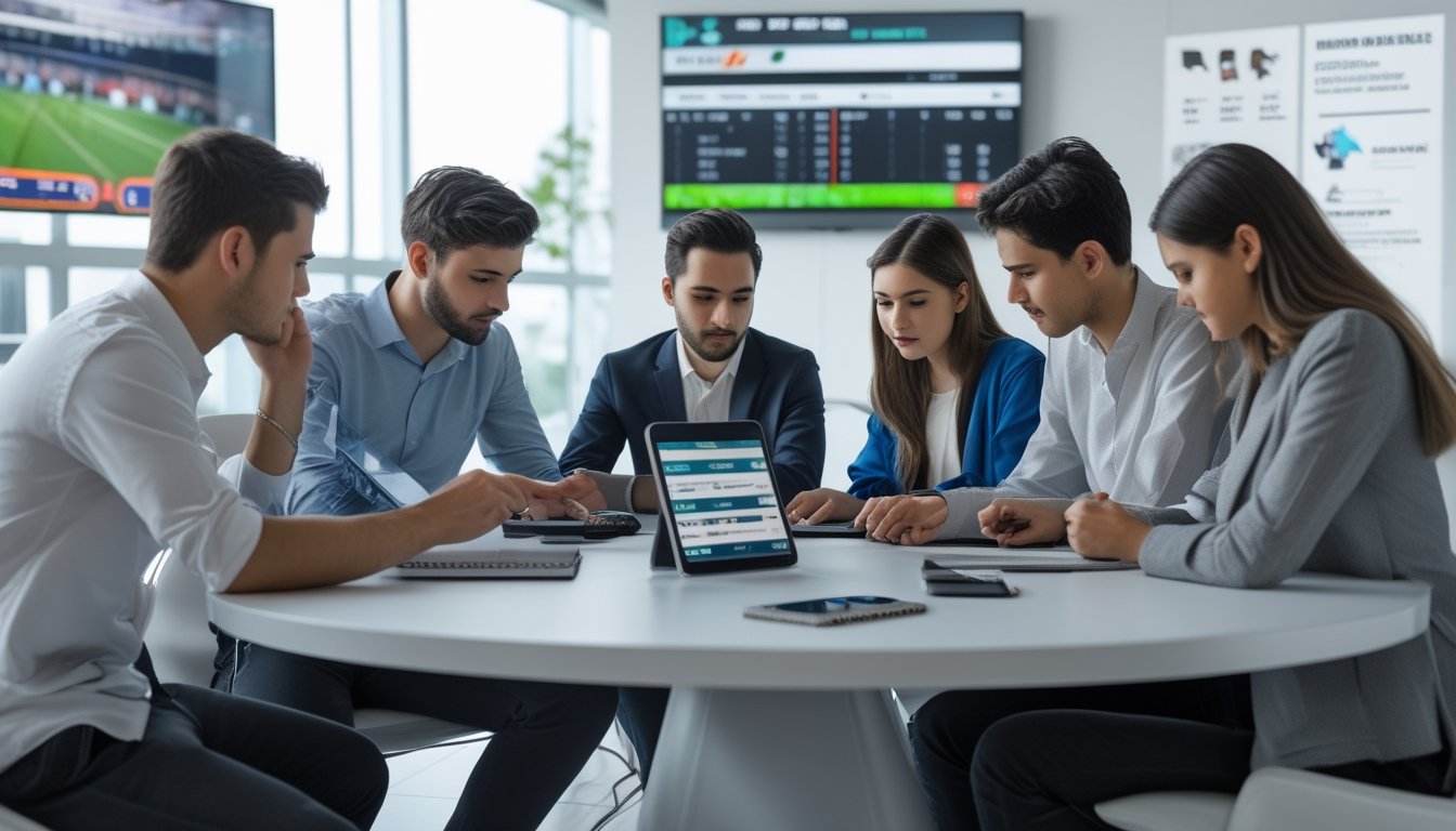 Sekelompok orang muda sedang berdiskusi dan menganalisis data taruhan olahraga di sebuah ruangan modern dengan perangkat digital.