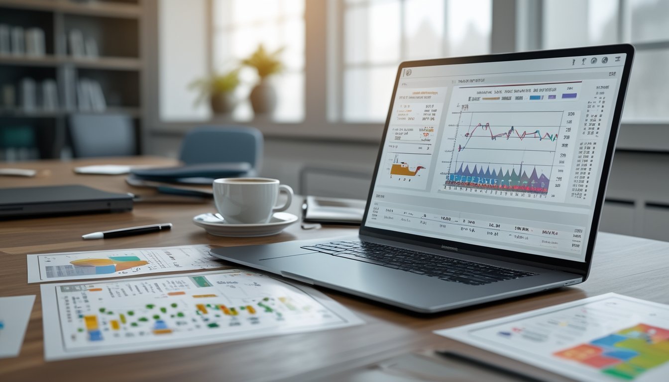 Meja kerja dengan laptop menampilkan grafik dan data angka togel, kertas data, pena, dan cangkir kopi di ruang kantor yang terang.