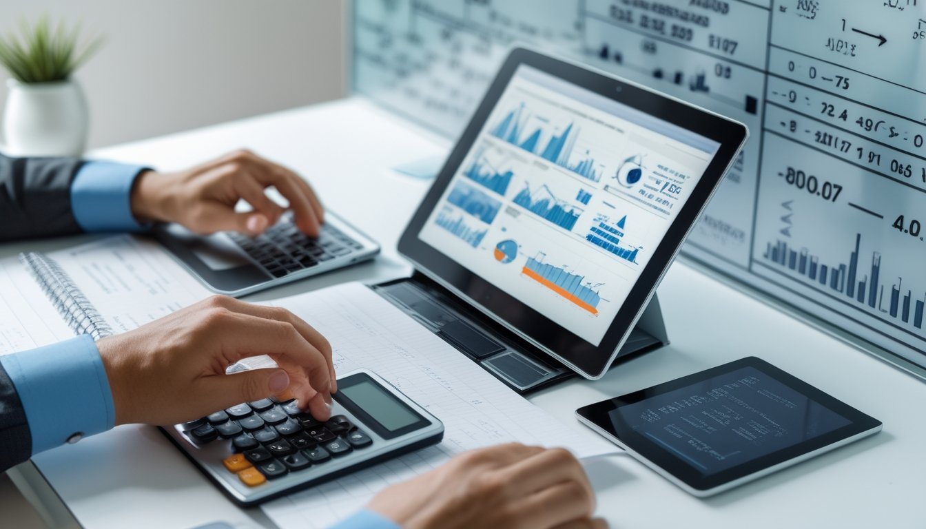 Meja kerja dengan perangkat digital dan catatan yang menampilkan grafik dan rumus statistik, seseorang sedang menganalisis data.