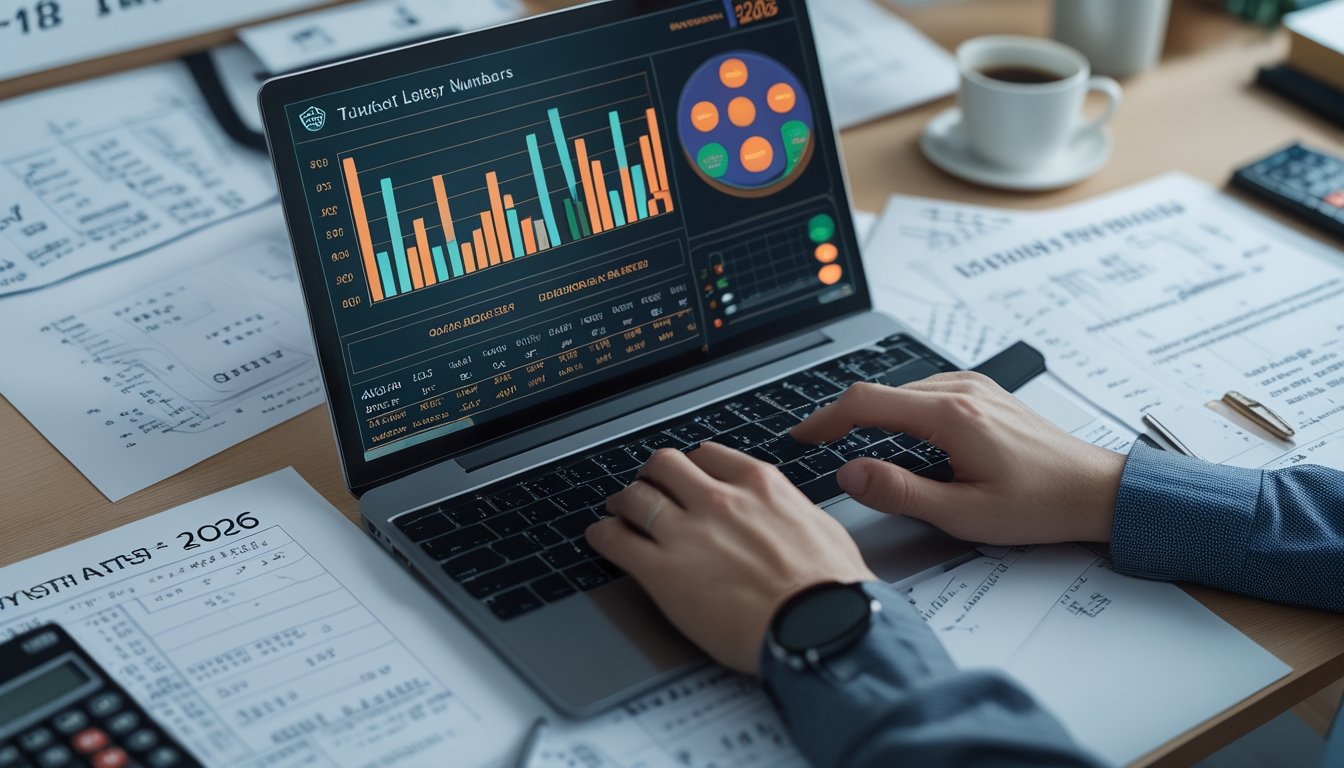 Meja kerja dengan laptop menampilkan grafik statistik, kertas berisi data dan kalkulator, tangan menunjuk layar, serta papan tulis dengan notasi matematika di latar belakang.