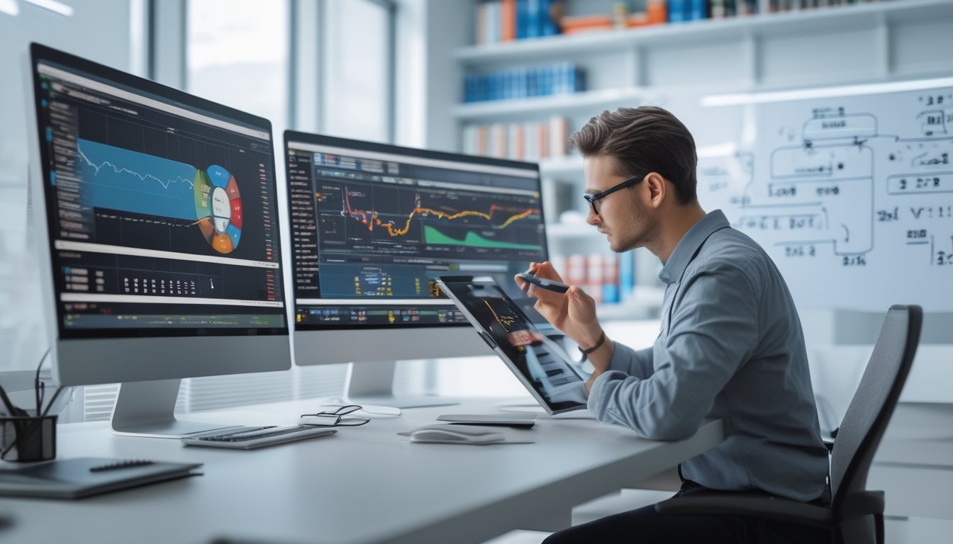 Seorang profesional sedang menganalisis data angka dan grafik di ruang kerja modern dengan beberapa monitor komputer dan tablet.