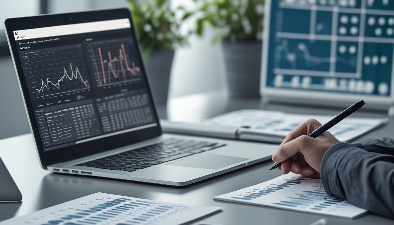 Meja kerja dengan perangkat digital dan kertas berisi angka, tangan seseorang menunjuk layar laptop dan mencatat, suasana fokus dan analitis.