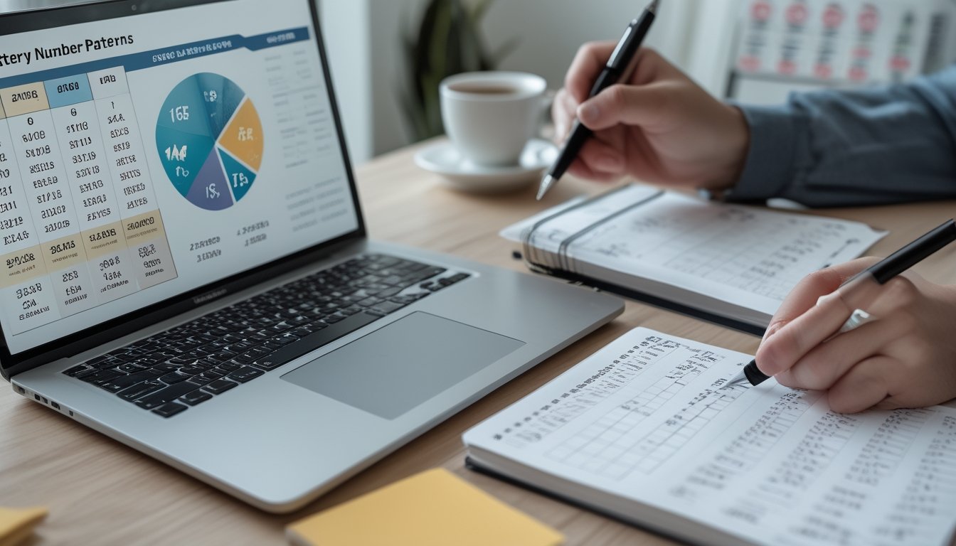 Meja kerja dengan laptop menampilkan grafik angka, tangan memegang pena sedang menganalisis data, dan kalender tahun 2026 di latar belakang.