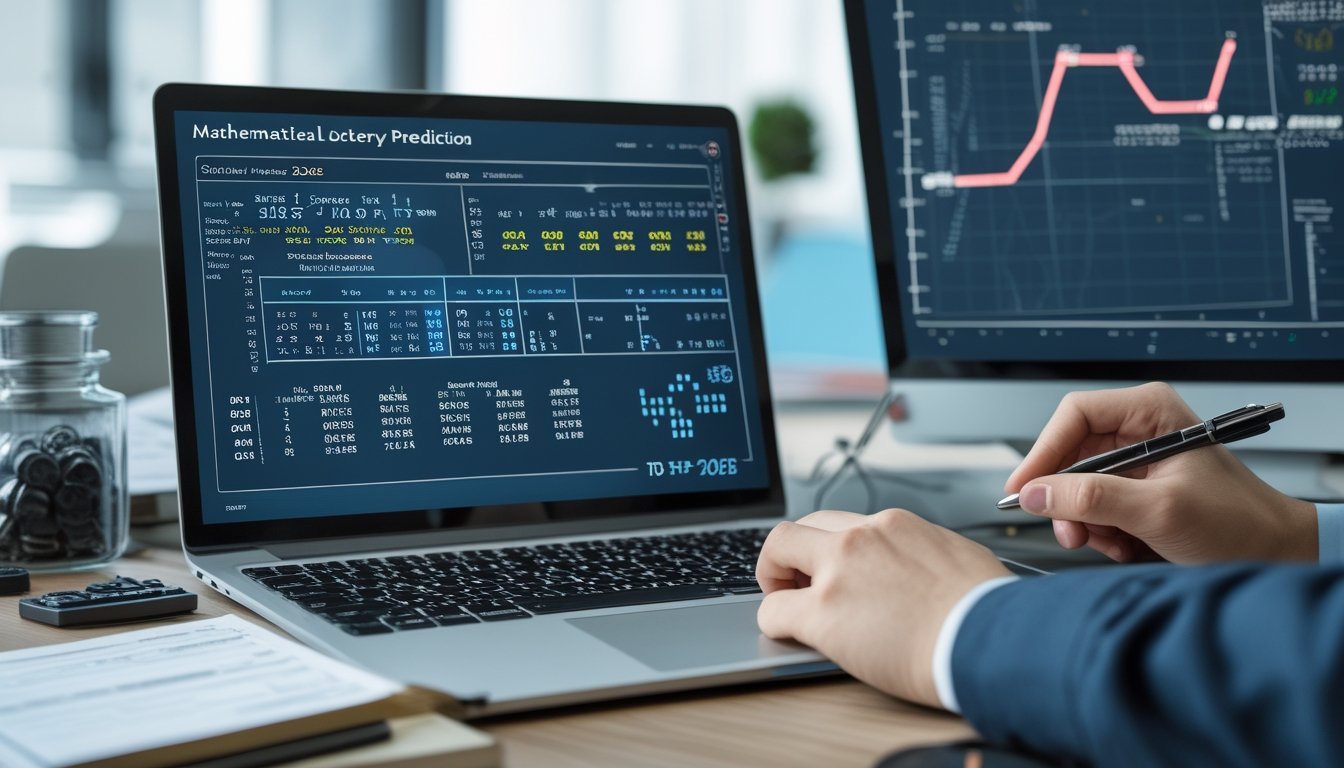 Seseorang sedang menganalisis data dan rumus matematika di meja kerja dengan laptop, kalkulator, dan grafik di papan tulis.