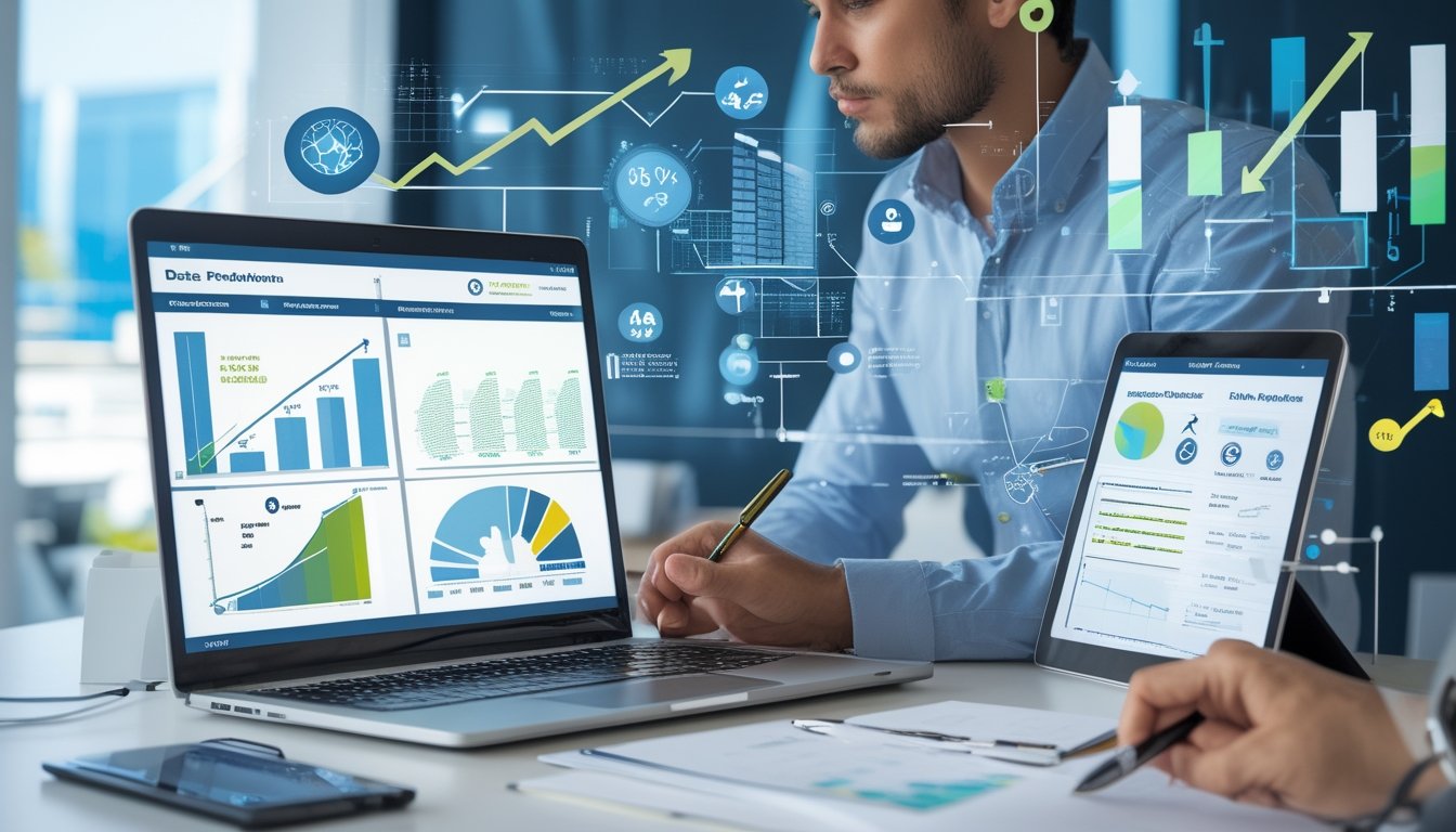 Orang sedang menganalisis data di meja kerja dengan laptop, grafik, dan alat tulis dalam suasana terang dan terorganisir.