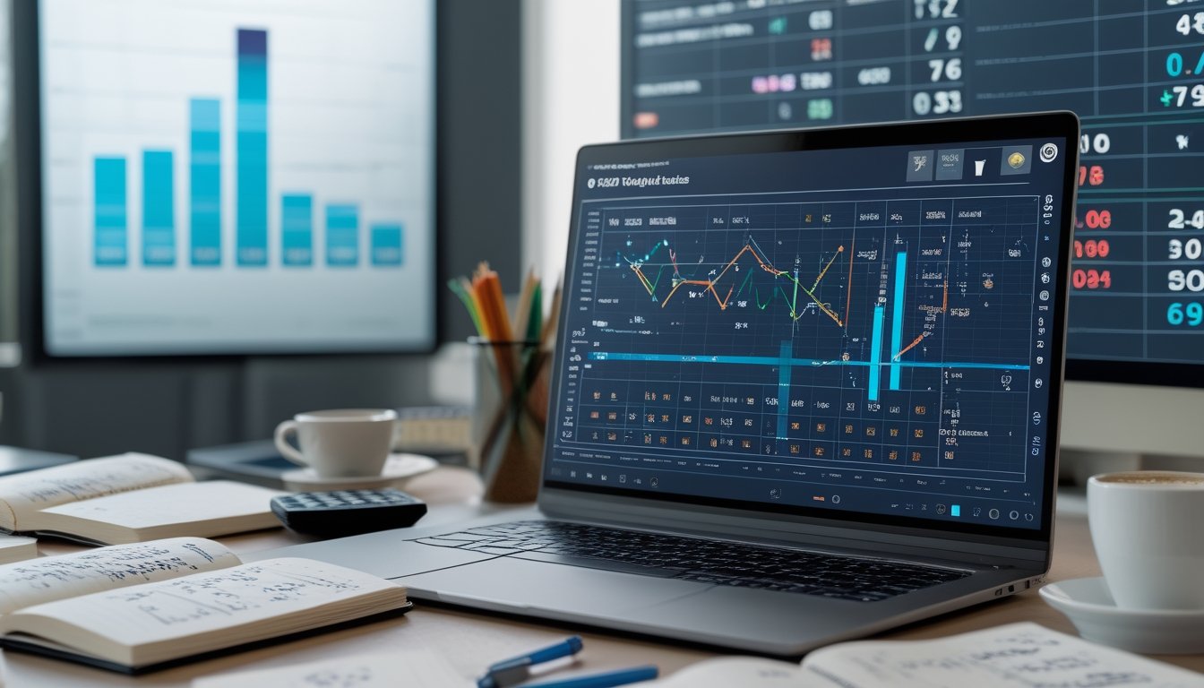Meja kerja modern dengan laptop, catatan, kalkulator, dan layar digital yang menampilkan grafik persentase kemenangan togel.