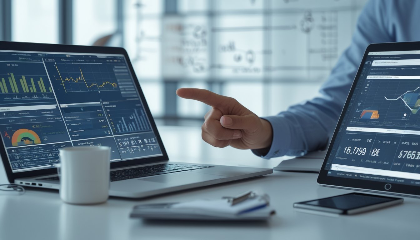 Seorang profesional sedang menganalisis data statistik di meja kerja dengan laptop dan tablet di kantor yang terang.