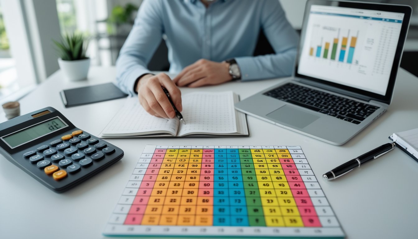 Seseorang sedang menganalisis grafik angka dengan kalkulator di meja kerja yang rapi dan terang.