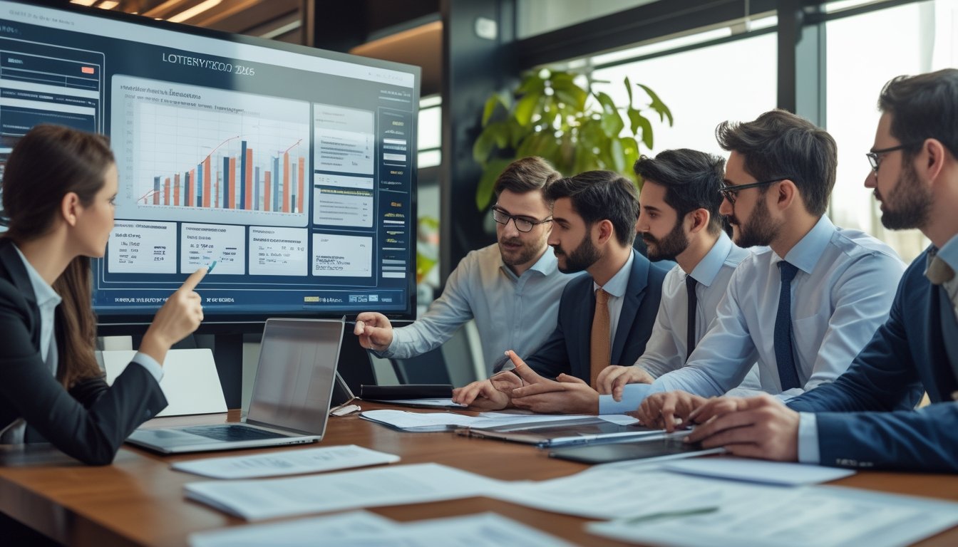 Sekelompok profesional sedang menganalisis data dan grafik di ruang kantor modern dengan layar besar dan dokumen di meja.