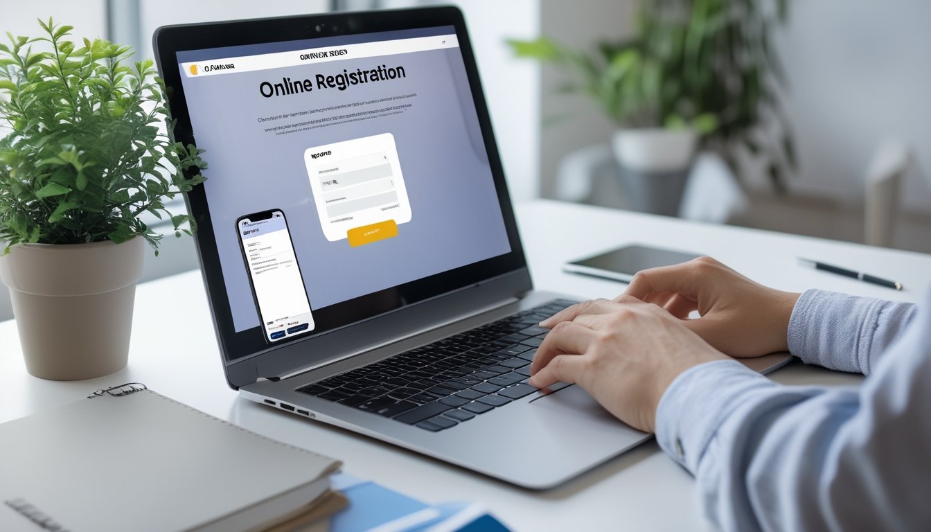 Seseorang sedang mengisi formulir pendaftaran online di laptop dengan smartphone dan buku catatan di meja kerja yang rapi.