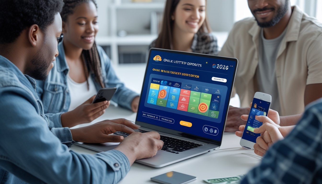 Sekelompok orang muda menggunakan laptop dan ponsel untuk melakukan transaksi e-wallet di ruang kerja yang terang.