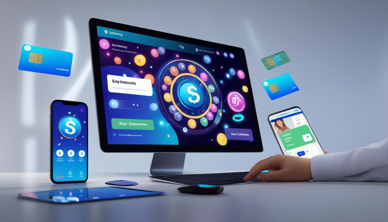 Seorang pengguna sedang menggunakan komputer dengan tampilan situs togel online dan aplikasi e-wallet di ponsel di meja kerja yang rapi.
