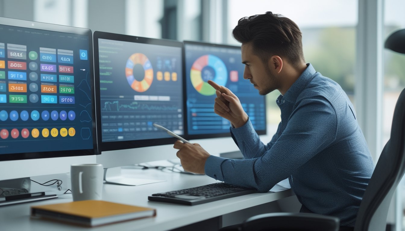Seorang pria sedang menganalisis data pada beberapa layar komputer di meja kerja yang rapi dan terang.