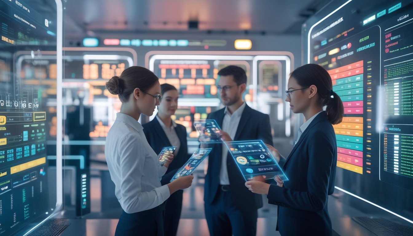 Orang-orang profesional sedang bekerja dengan layar digital yang menampilkan data dan grafik lotere online di ruang kerja modern.