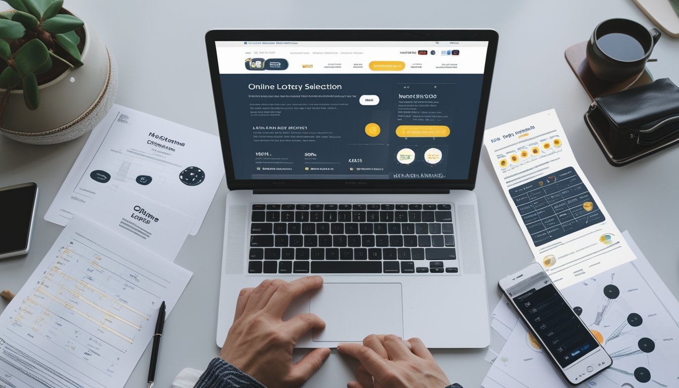 Sebuah meja kerja modern dengan laptop yang menampilkan situs togel online dan perangkat lain seperti ponsel serta dokumen terkait data togel.
