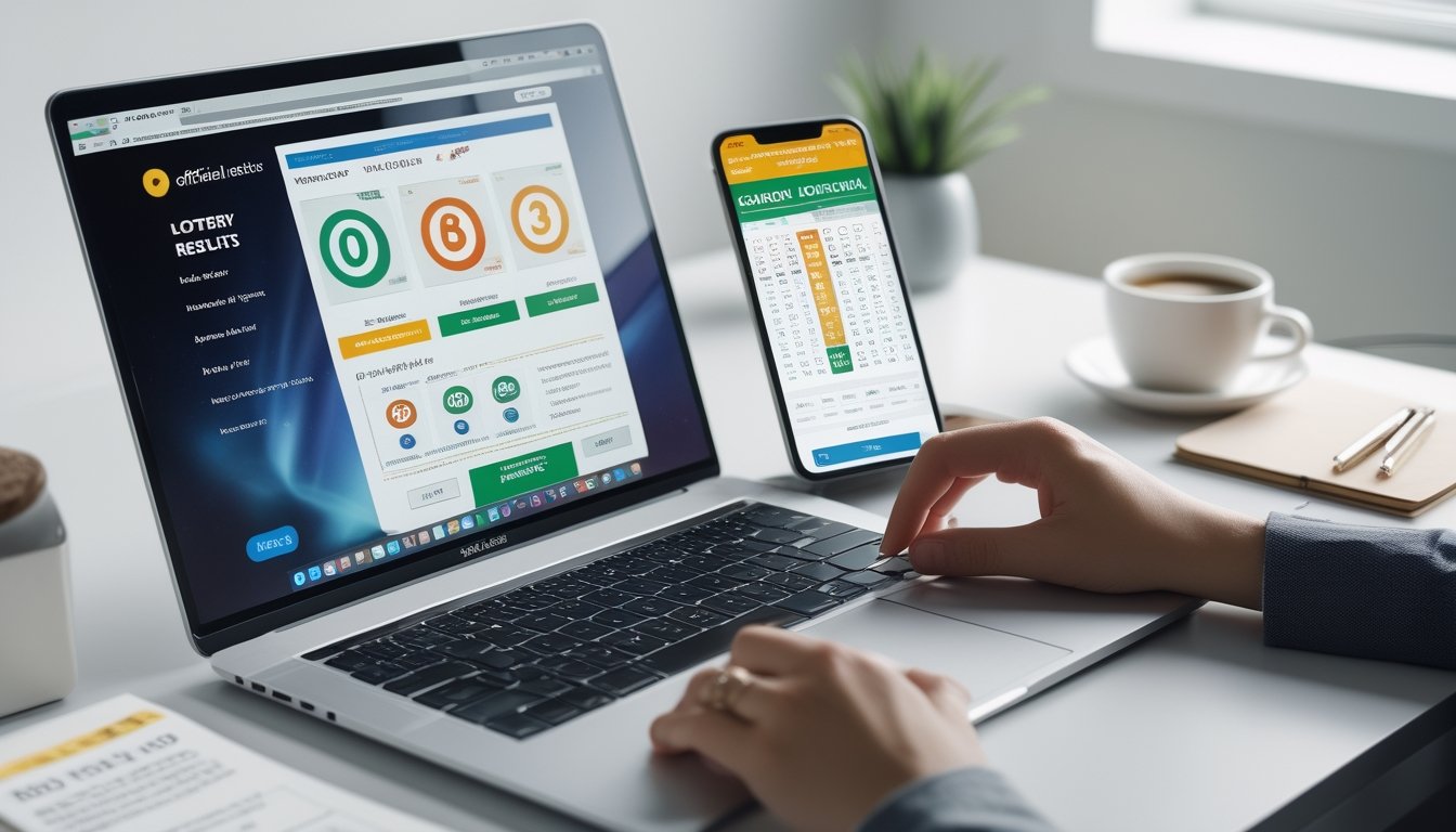 Seseorang menggunakan laptop dan ponsel di meja kerja untuk memeriksa hasil togel dengan suasana yang rapi dan terang.