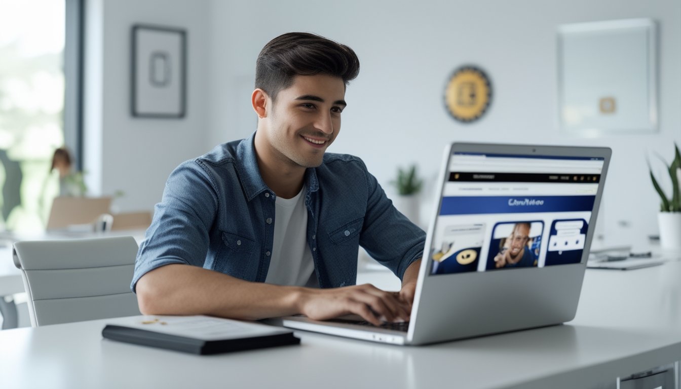 Seorang pria muda duduk di meja modern menggunakan laptop di kantor yang terang dan rapi, menunjukkan aktivitas bermain togel online dengan suasana aman dan profesional.