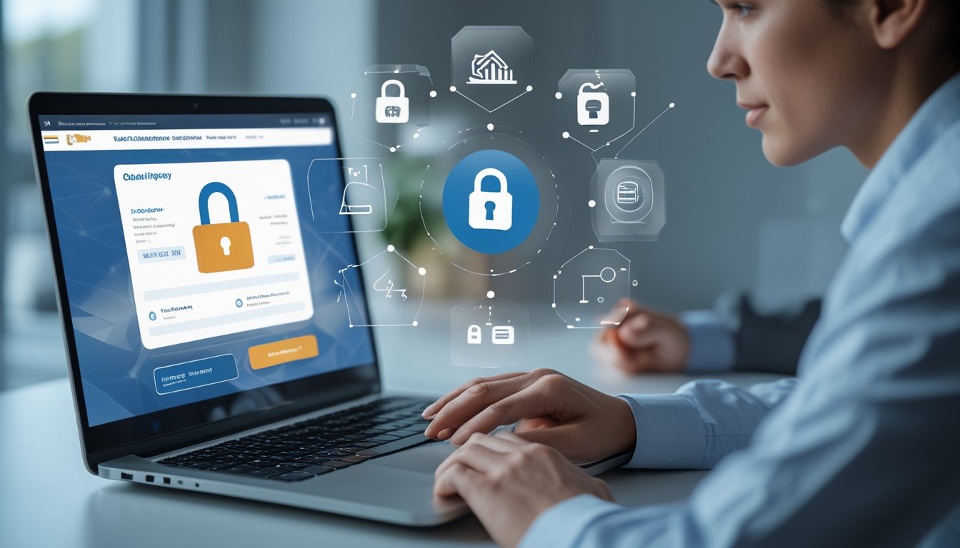 Seseorang menggunakan laptop di meja kantor yang menunjukkan simbol keamanan seperti gembok dan perisai, menggambarkan transaksi online yang aman dan perlindungan data pribadi.