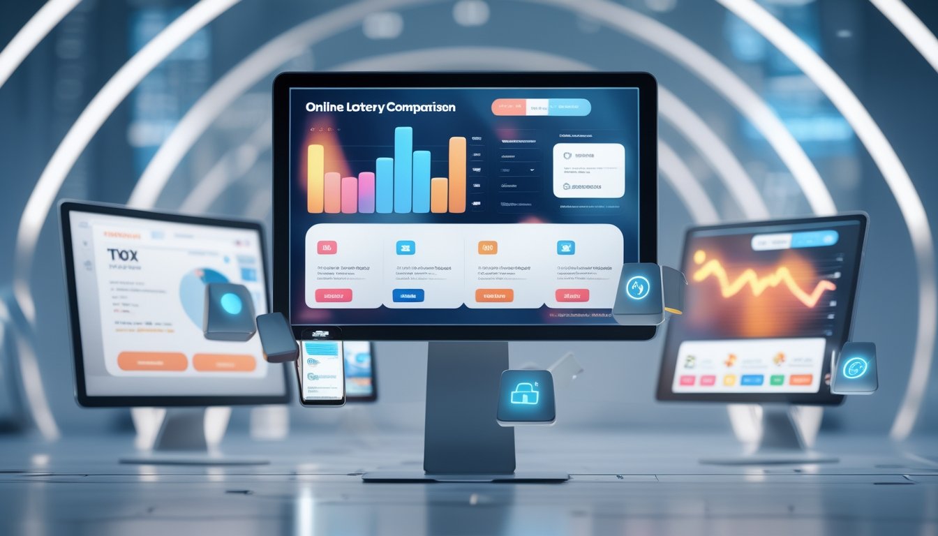 Beberapa layar komputer dan tablet menampilkan grafik dan ikon keamanan di latar belakang biru, menggambarkan perbandingan situs togel online yang aman.