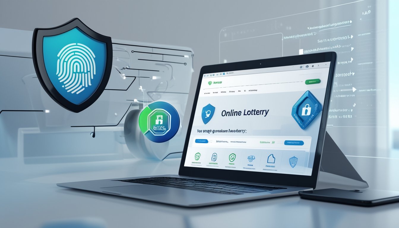 Sebuah ruang kerja digital dengan laptop yang menampilkan antarmuka situs togel online yang aman, dikelilingi oleh simbol keamanan seperti gembok dan sidik jari digital.