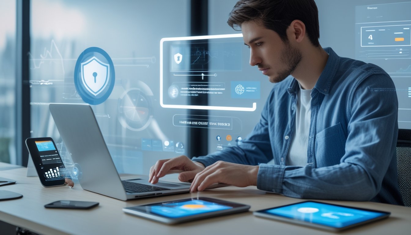 Seorang dewasa muda sedang meneliti dengan serius di depan laptop di ruang kantor modern yang rapi dan terang.