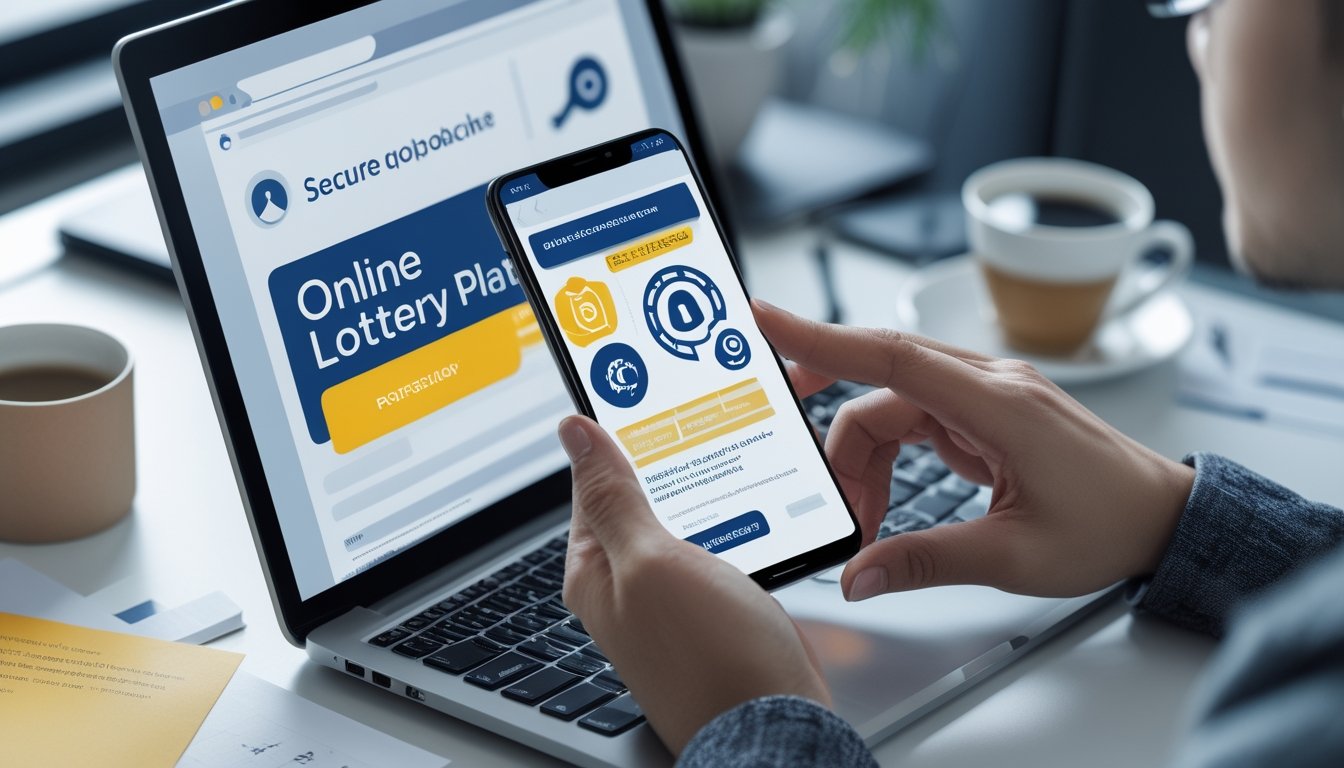 Seseorang menggunakan laptop dan ponsel di meja kerja yang rapi, tampak fokus dan berhati-hati saat mencari platform togel online yang aman.