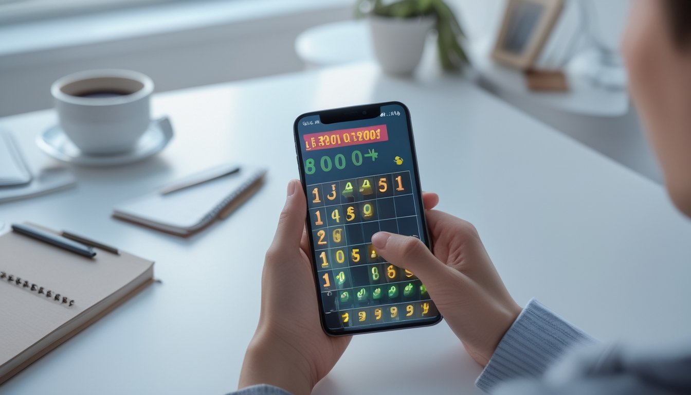 Seseorang memegang ponsel yang menampilkan antarmuka permainan togel online dengan latar belakang meja kerja minimalis.