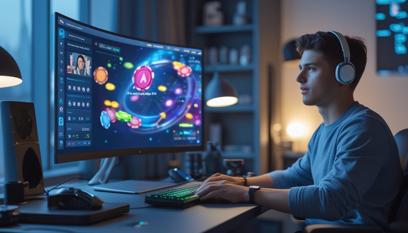 Seorang pemain muda sedang bermain poker online di depan komputer dengan tampilan permainan poker digital yang cerah dan modern.