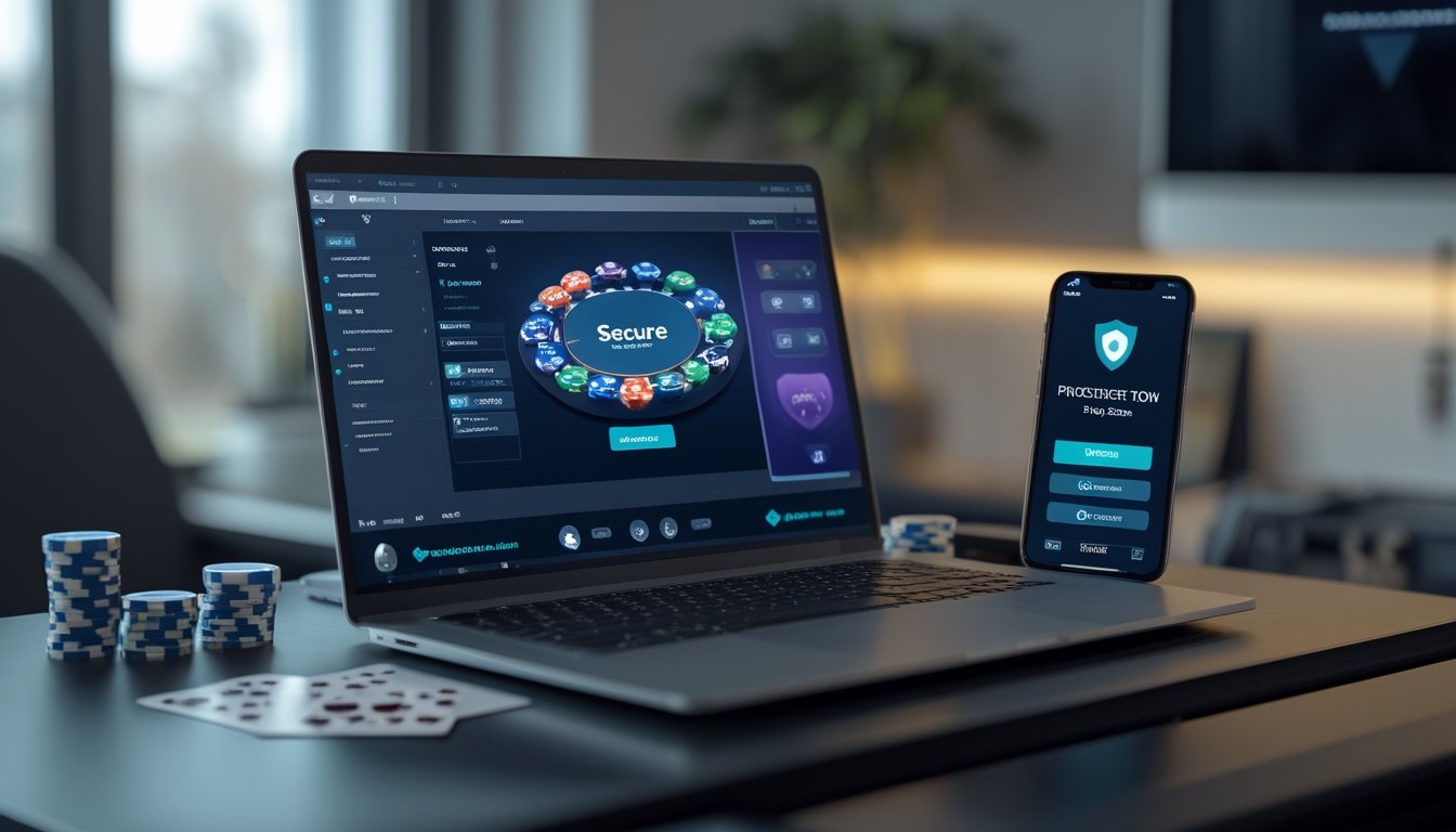 Seorang pemain poker online menggunakan laptop dengan chip dan kartu poker di meja, menunjukkan suasana permainan poker online yang aman dan terpercaya.