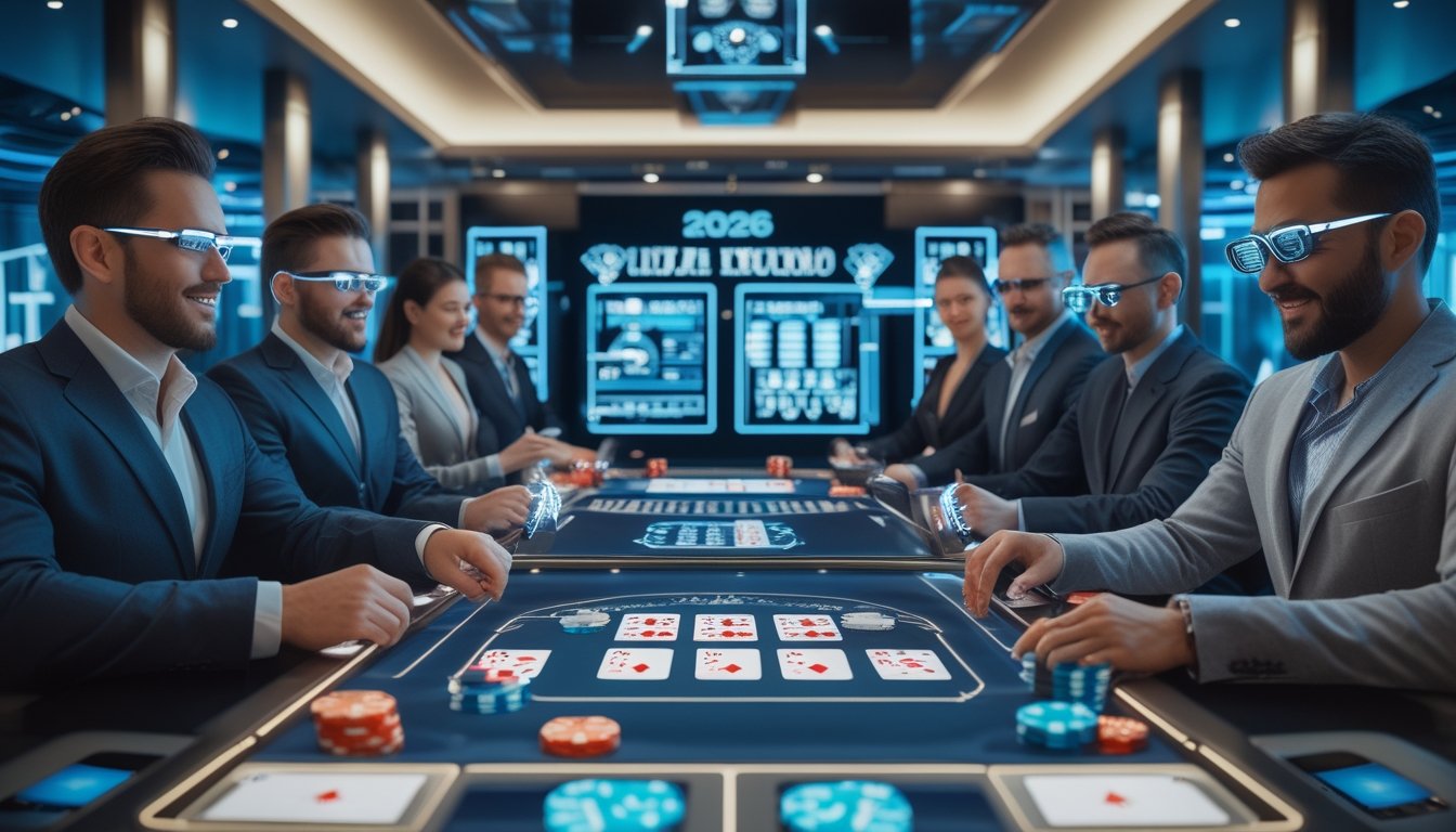 Beberapa orang sedang bermain poker online di meja digital dengan perangkat futuristik di ruangan modern.
