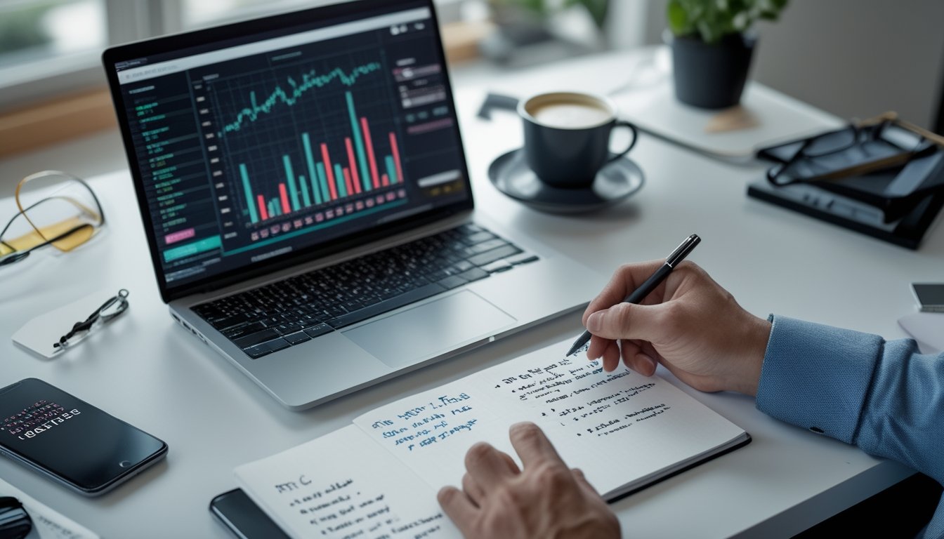 Meja kerja dengan laptop, catatan, dan ponsel yang menampilkan grafik dan aplikasi poker, suasana fokus dan terorganisir.