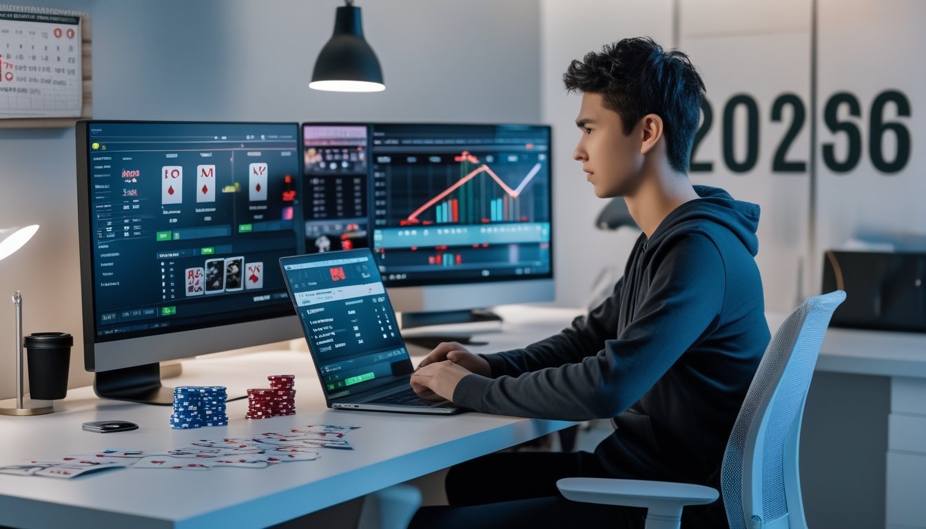Seorang dewasa muda duduk di meja kerja dengan beberapa layar komputer menampilkan permainan poker dan grafik, dikelilingi chip poker dan kartu, di ruang kerja modern.