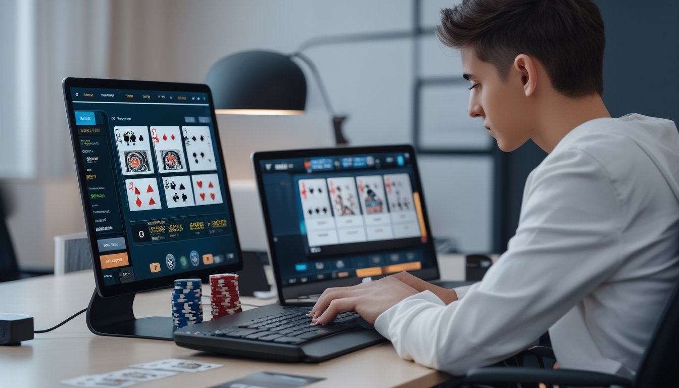Seorang pemain muda sedang duduk di depan laptop dan tablet yang menampilkan permainan poker, dengan tumpukan chip dan kartu di meja, di dalam ruangan yang terang dan nyaman.