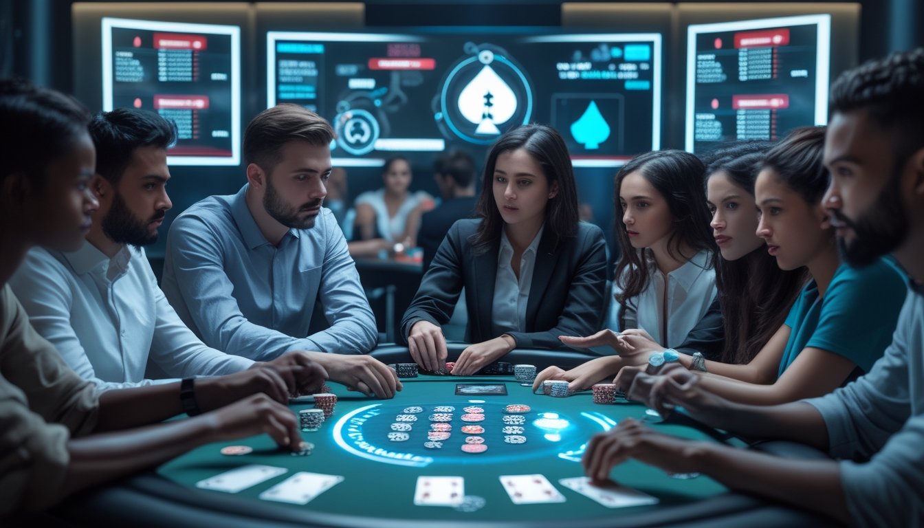 Sekelompok pemain poker online fokus bermain di meja poker modern dengan teknologi canggih dan tampilan digital.