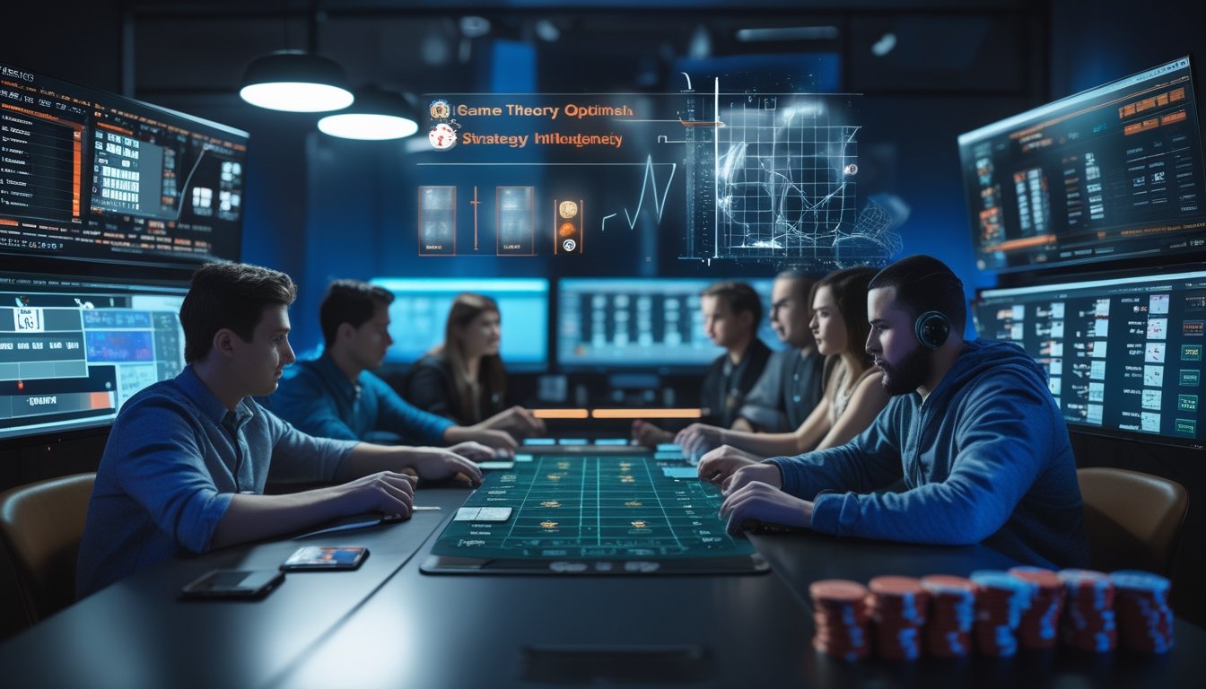 Beberapa orang fokus bermain poker online dengan layar komputer yang menampilkan kartu dan grafik strategi permainan.