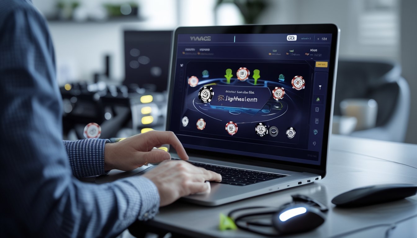 Seseorang menggunakan laptop untuk bermain poker online dengan tumpukan chip poker dan kartu di layar, di ruang kerja yang rapi dan terang.