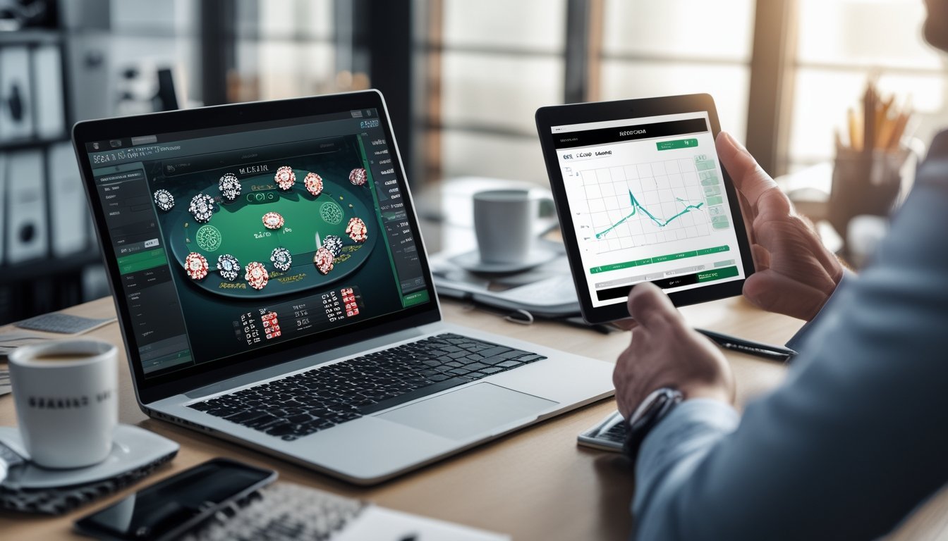 Seorang profesional menggunakan laptop, smartphone, dan tablet untuk menganalisis permainan poker online dan data keuangan di ruang kerja modern.