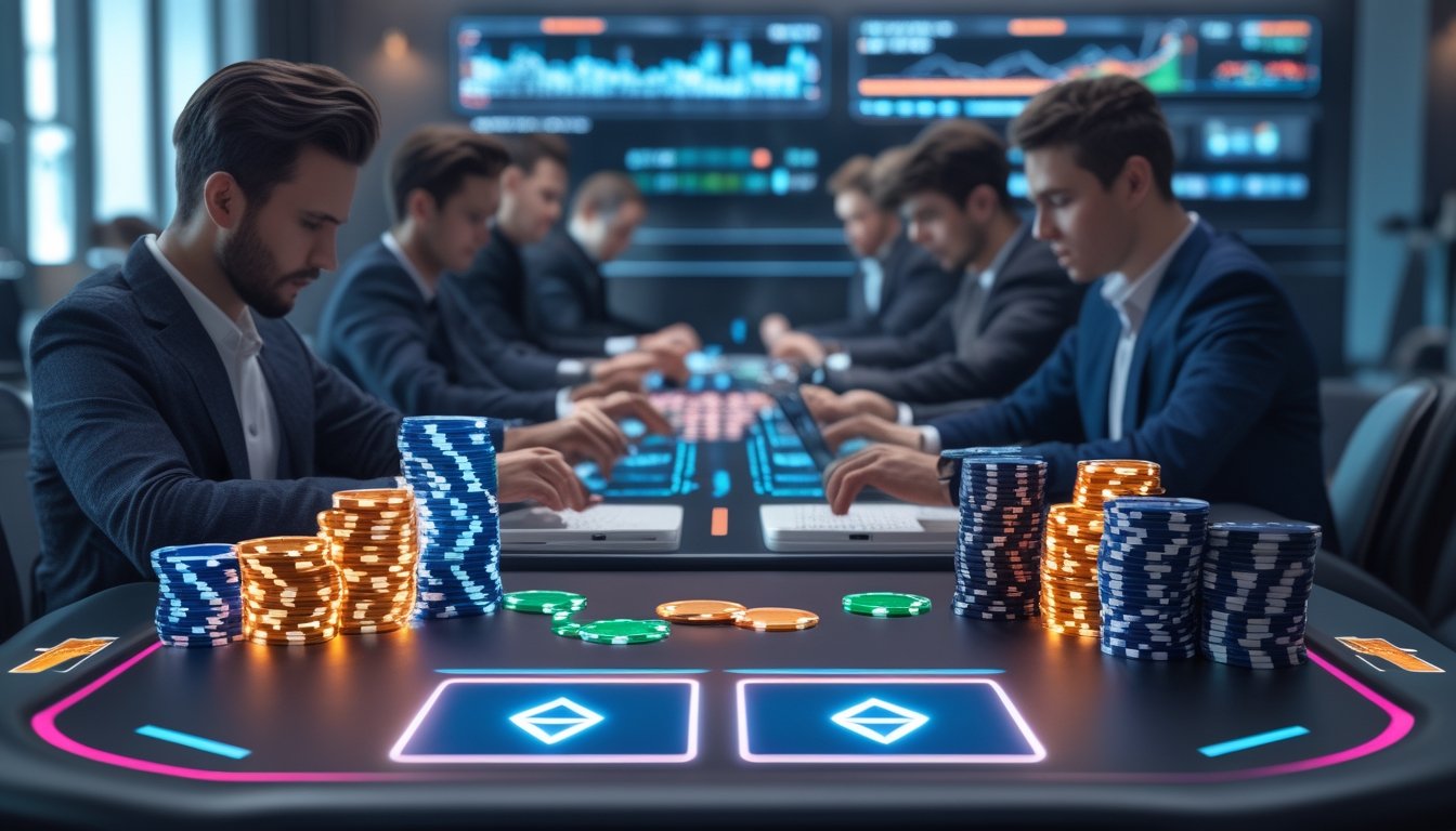Meja poker modern dengan simbol kripto di satu sisi dan chip serta uang kertas di sisi lain, dengan pemain yang fokus menggunakan perangkat digital.
