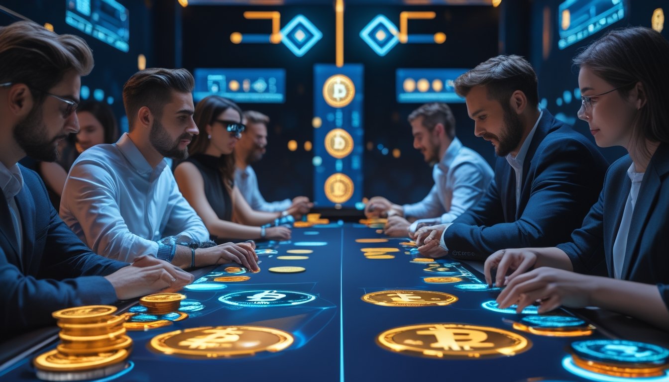 Meja poker online dengan pemain yang sedang bermain, sebelah kiri menampilkan simbol mata uang kripto dan sebelah kanan menampilkan uang kertas dan koin fiat.