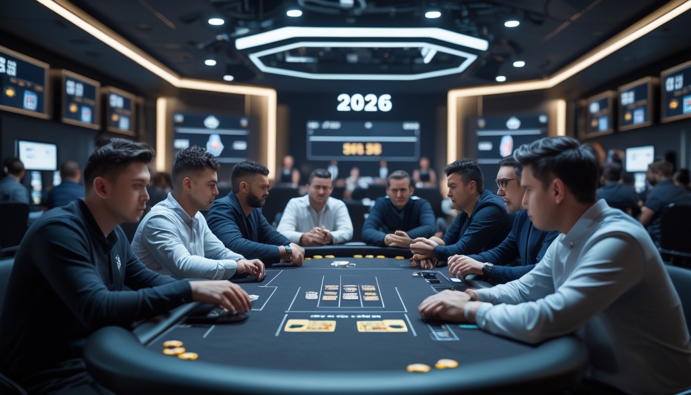 Sekelompok pemain poker fokus bermain di meja poker modern dengan layar digital di ruangan turnamen poker online tahun 2026.