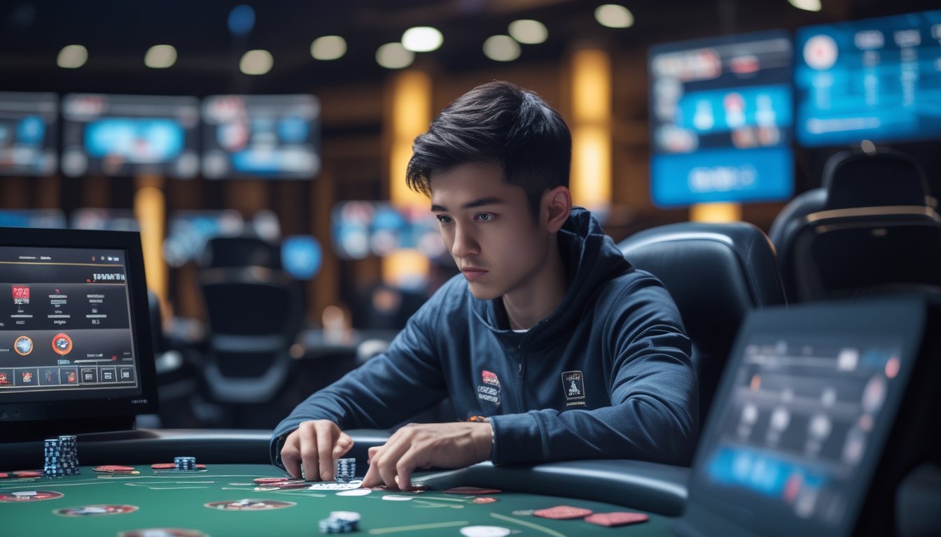 Seorang pemain poker yang fokus duduk di meja poker modern dengan layar digital dan chip, terlihat sedang menganalisis kartu dalam turnamen poker online besar.