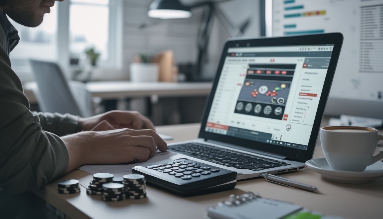Seorang pemain poker online sedang duduk di meja dengan laptop, menghitung dan mencatat keuangan sambil menata chip poker di sampingnya dalam ruangan kantor rumah yang rapi.