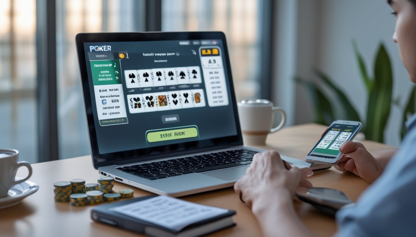 Seorang pemain muda sedang bermain poker online di laptop dengan tumpukan chip poker dan catatan di meja, menunjukkan pengelolaan modal yang disiplin.