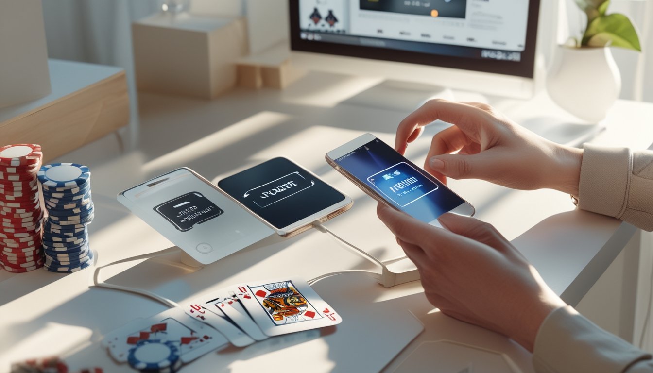 Seseorang menggunakan ponsel pintar dengan tampilan permainan poker di meja kerja yang rapi, dengan chip poker dan kartu bermain di sekitarnya.