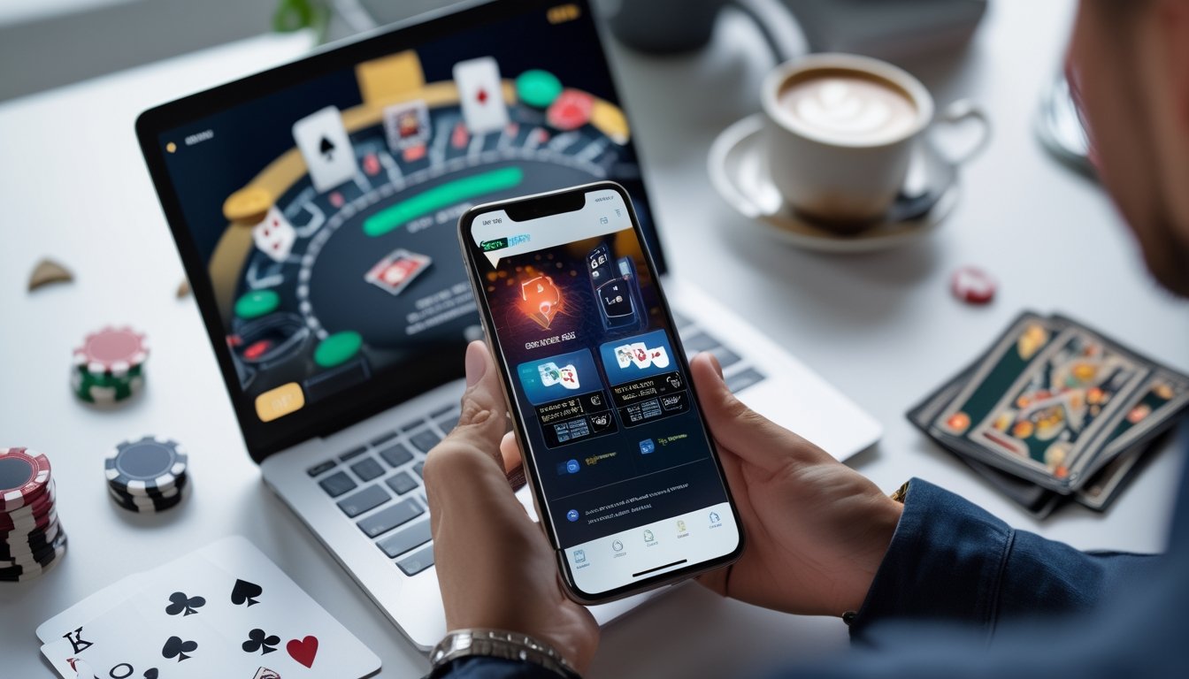 Seseorang memegang ponsel dengan aplikasi poker terbuka di meja kerja yang rapi dengan laptop dan chip poker.