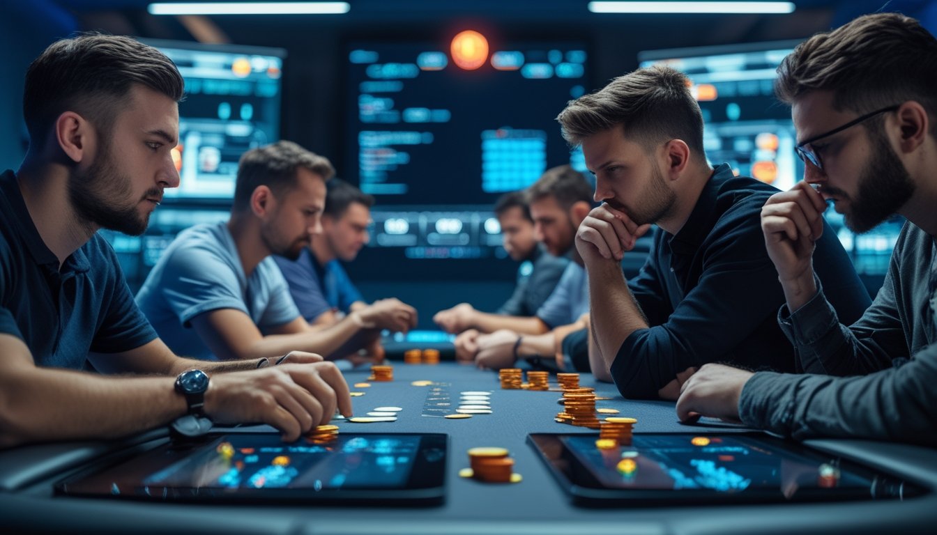 Sejumlah pemain poker online sedang berkonsentrasi di meja poker dengan laptop dan kartu, menunjukkan suasana serius dan fokus dalam permainan yang berlangsung lama.