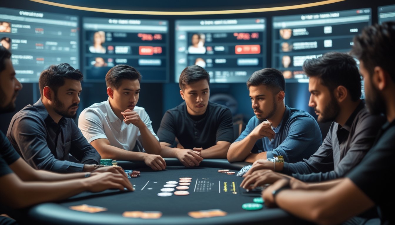 Beberapa pemain poker sedang serius bermain di meja poker modern dengan layar komputer menampilkan statistik permainan di latar belakang.