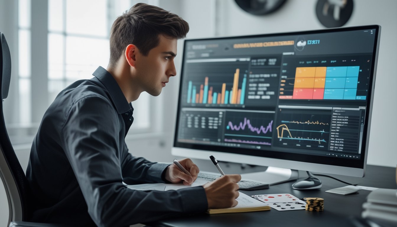 Seorang pria muda sedang duduk di meja dengan komputer, menganalisis statistik permainan poker online sambil mencatat.