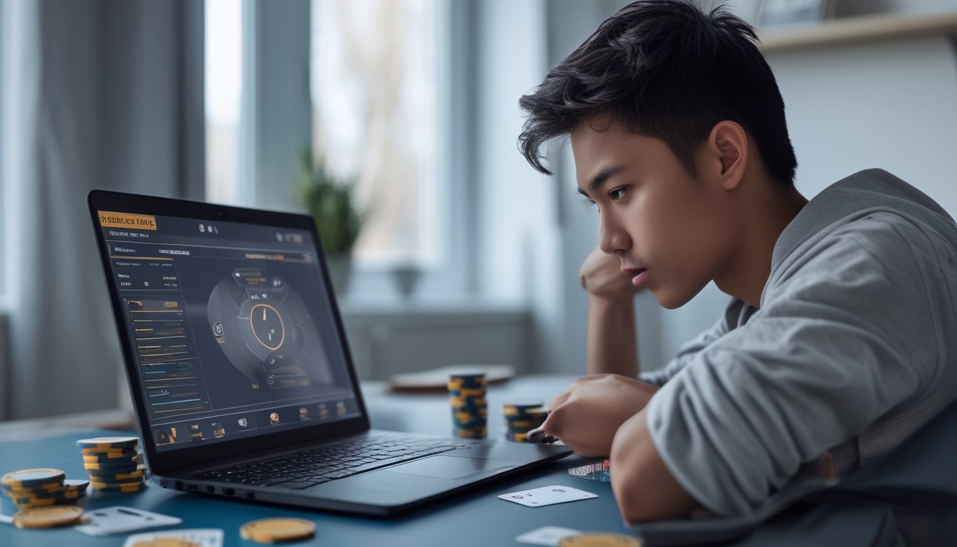 Seorang dewasa muda sedang fokus bermain poker online di laptop dengan chip dan kartu poker di meja, menunjukkan suasana analisis permainan.